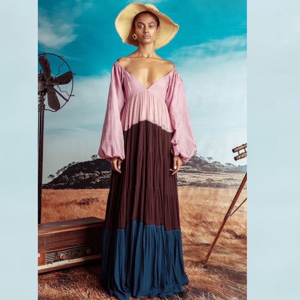 Anthropologie Nirmooha Puff-Sleeved Colorblocked Maxi Dress